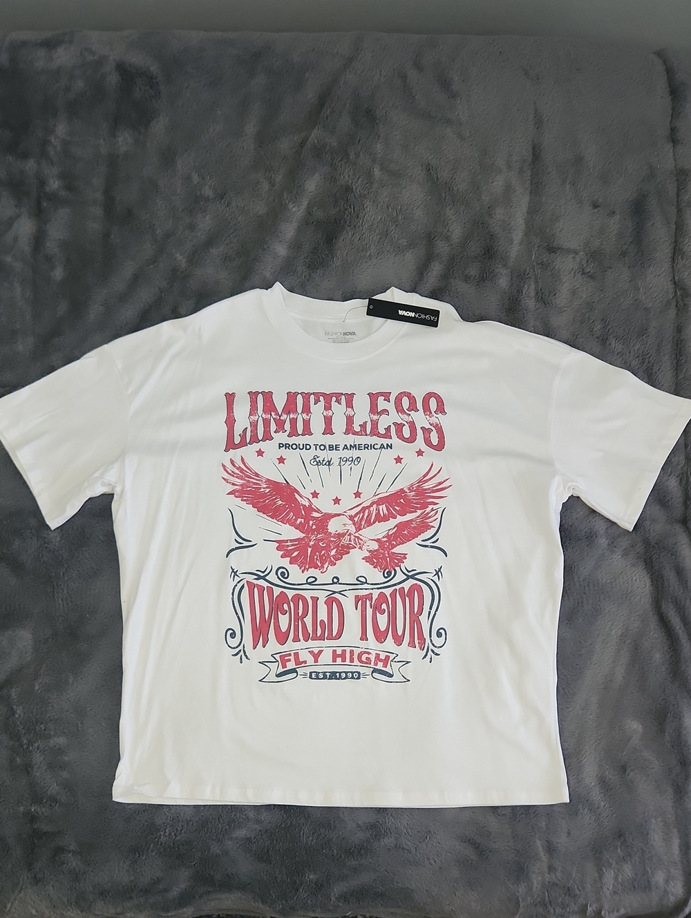 🆕️Fashion Nova White Tee with Red & Navy 'Limitless World Tour' Graphic